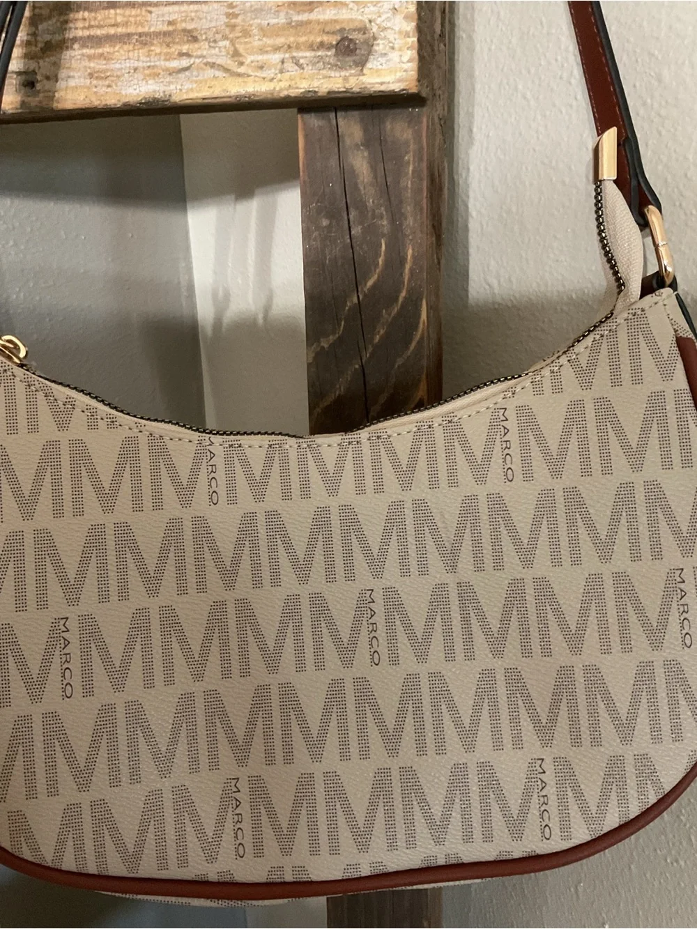Monogram Crescent Shoulder Bag in Beige with Brown Trim